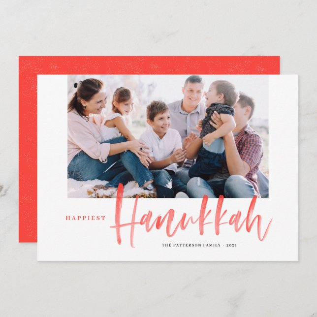 Red Brush Calligraphy Happiest Hanukkah Photo Holiday Card (Front/Back)