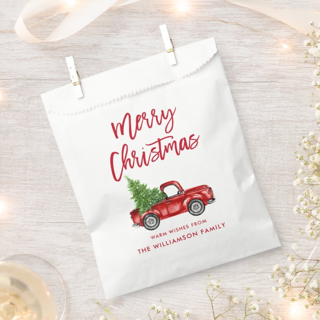 Red Brush Script Christmas Vintage Truck Favour Bags (Clipped)