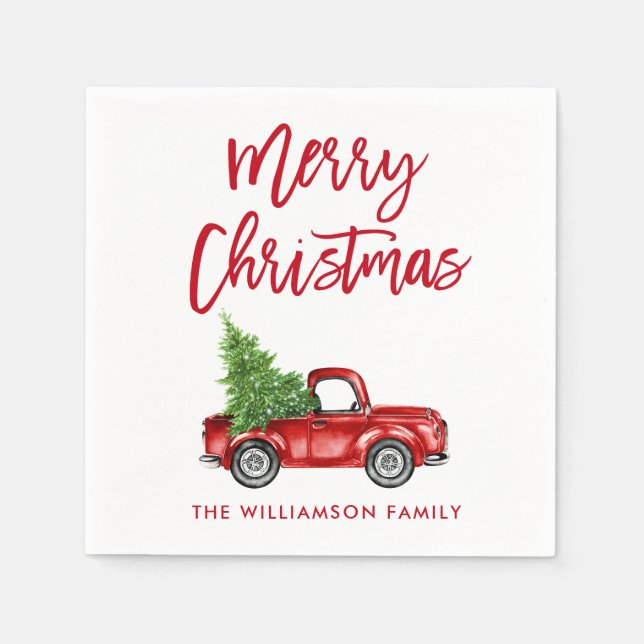Red Brush Script Christmas Vintage Truck Napkin (Front)