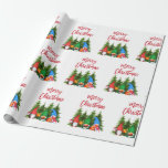 Red Brush Script Christmas Watercolor Gnomes Trees Wrapping Paper<br><div class="desc">Modern Brush Script Merry Christmas Colourful Fun Watercolor Gnomes with Pine Trees Wrapping Paper - Red Script</div>