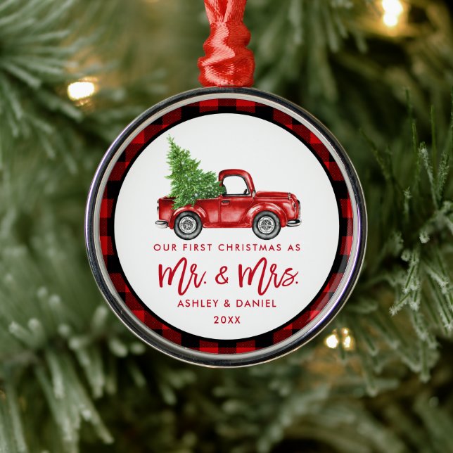 Red Brush Script Truck First Christmas Plaid Metal Tree Decoration (Tree)