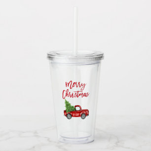 Red Brush Script Vintage Truck Christmas Acrylic Tumbler