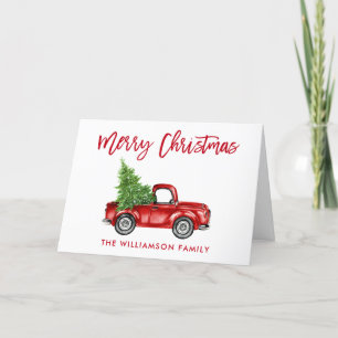 Red Brush Script Vintage Truck Christmas Fold Holiday Card