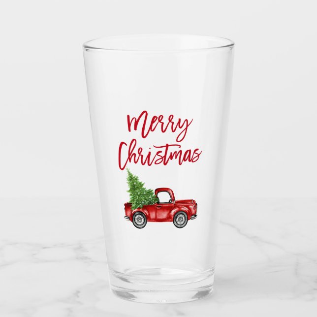 Red Brush Script Vintage Truck Christmas Glass (Front)