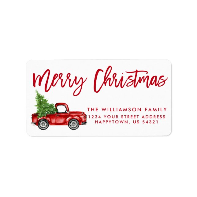 Red Brush Script Vintage Truck Christmas Label (Front)