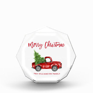 Red Brush Script Vintage Truck Christmas Photo Block