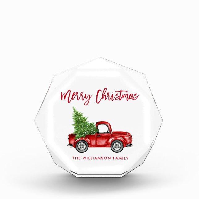 Red Brush Script Vintage Truck Christmas Photo Block (Front)