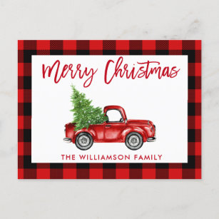 Red Brush Script Vintage Truck Christmas Plaid Postcard