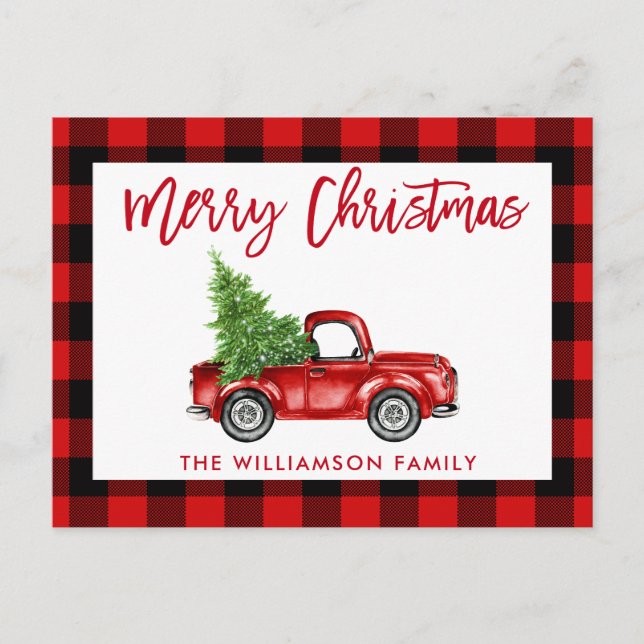 Red Brush Script Vintage Truck Christmas Plaid Postcard (Front)