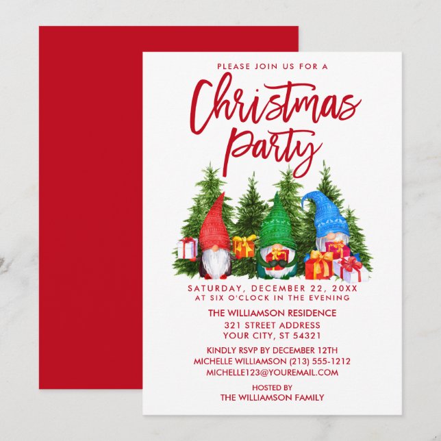 Red Brush Script Watercolor Gnomes Christmas Party Invitation (Front/Back)