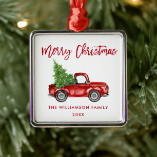 Red Brush Script Watercolor Vintage Truck Square Metal Tree Decoration
