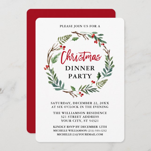 Red Brush Script Watercolor Wreath Christmas Party Invitation (Front/Back)