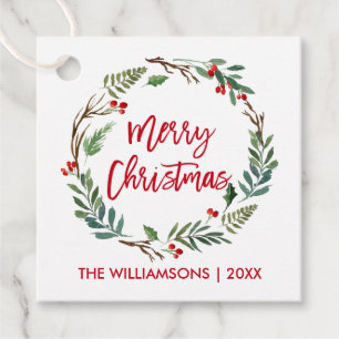 Red Brush Script Watercolor Wreath Merry Christmas Favour Tags