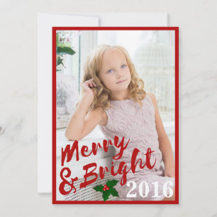 Red Brush Stroke Merry & Bright Year Red Frame Holiday Card