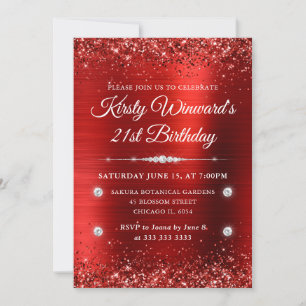 Red Brushed Metal and Glitter 21st Birthday Invitation