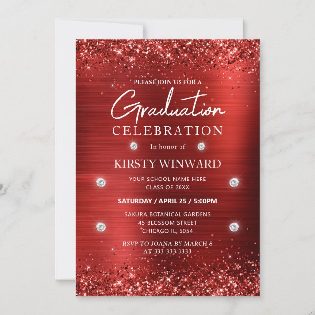 Red Brushed Metal and Glitter Graduation Invitation (Front)