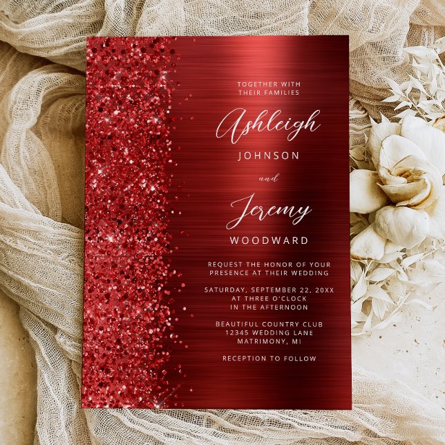 Red Brushed Metal Glitter Script Wedding Invitation (Creator Uploaded)