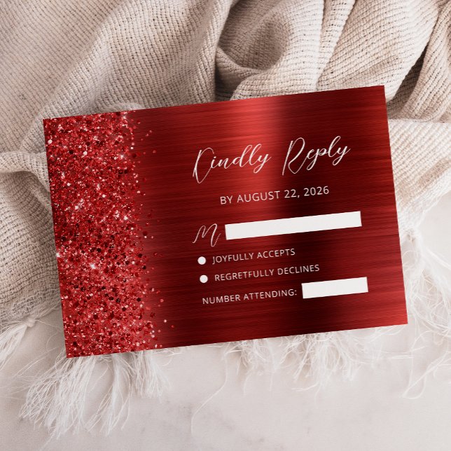Red Brushed Metal Glitter Script Wedding RSVP Card (Creator Uploaded)