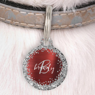 Red Brushed Metal Silver Glitter Monogram  Pet Tag