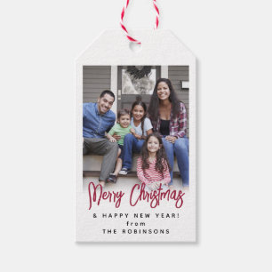 Red Brushed Script Merry Christmas Modern Photo Gift Tags