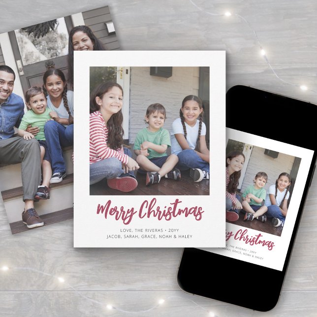 Red Brushed Script Merry Christmas Simple 2 Photo Holiday Card (Creator Uploaded)