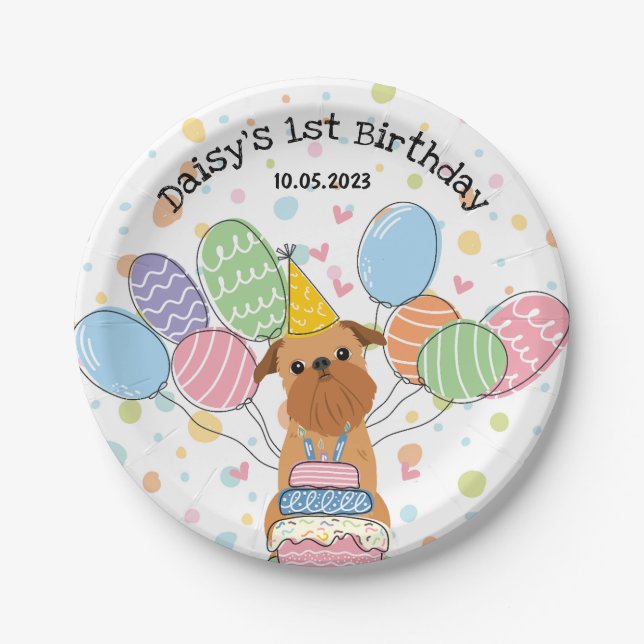 Red Brussels Griffon Dog Birthday Party Paper Plate (Front)