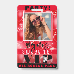 Red Bubble Hearts Birthday Party VIP Pass Badge ID Badge