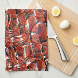 Red, bubbles on grating or brick effect? Metallic. Tea Towel