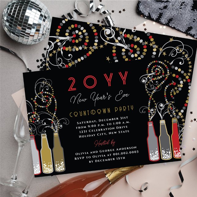 Red Bubbly Bottles Swirls New Year's Eve Party Invitation (Red Bubbly Bottles Swirls New Year's Eve Party Invitation @ fat_fa_tin )