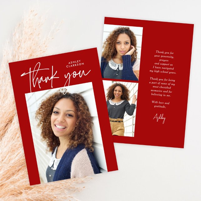 Red Budget Modern Calligraphy Photo Graduation Thank You Card (Creator Uploaded)