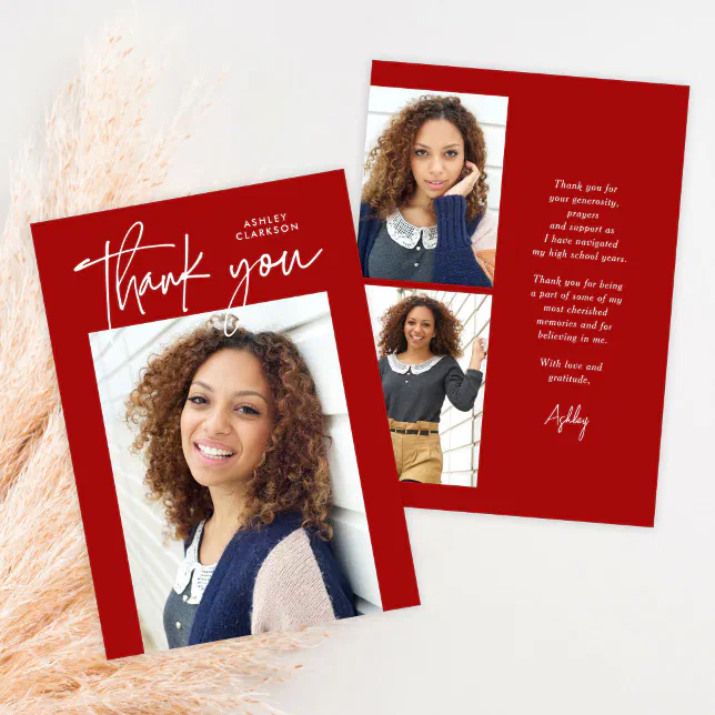 Red Budget Modern Calligraphy Photo Graduation Thank You Card | Zazzle