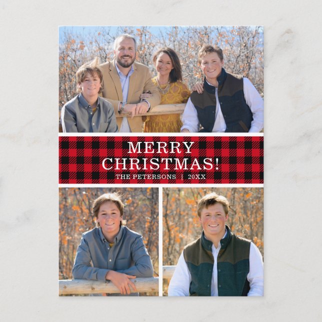 Red Buffalo Check 3 Photo Holiday Postcard (Front)