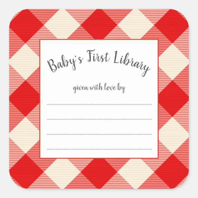 Red Buffalo Check baby shower book plate Square Sticker (Front)