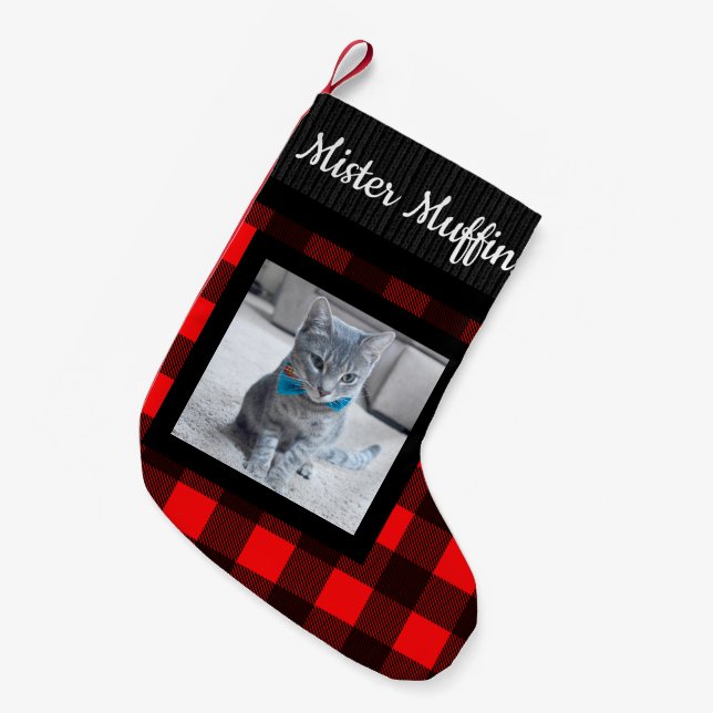 Red Buffalo Check Country Pet Photo Name Small Christmas Stocking (Front (Hanging))