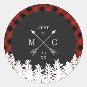 Red Buffalo Check Crossed Arrow Monogram Wedding Classic Round Sticker