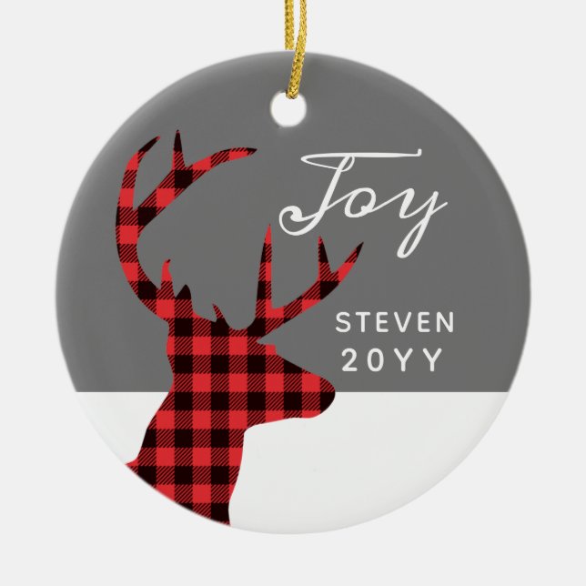 Red Buffalo Check Deer Personalised Year Mens Ceramic Tree Decoration (Front)