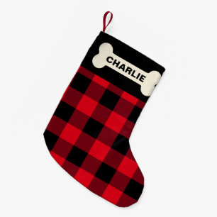 Red Buffalo Check Dog Bone Rustic Custom Name Small Christmas Stocking