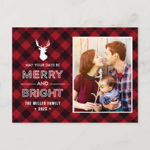 Red Buffalo Check Merry and Bright Christmas Photo Postcard