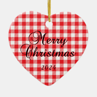 Red Buffalo Check Merry Christmas Couple Photo Ceramic Tree Decoration