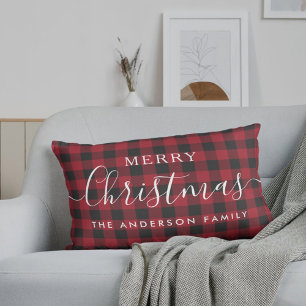 Red Buffalo Check Merry Christmas Family Name Lumbar Cushion