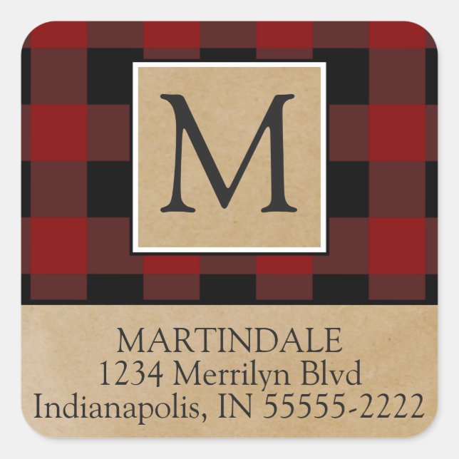 Red Buffalo Check Monogram Return Address Square Sticker (Front)