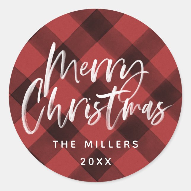 Red Buffalo Check Pattern Family Name Classic Round Sticker (Front)