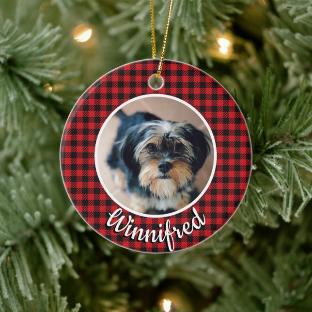 Red Buffalo Check Personalised Pet Photo Christmas Ceramic Tree Decoration (Tree)