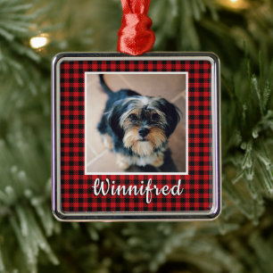 Red Buffalo Check Personalised Pet Photo Christmas Metal Tree Decoration