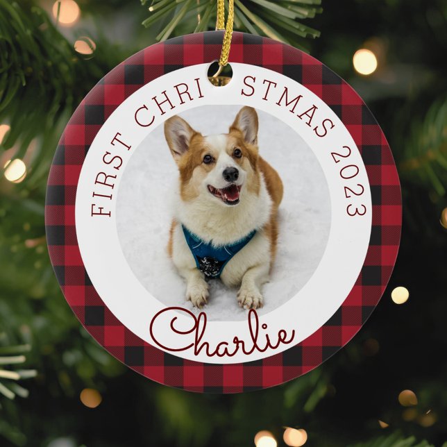 Red Buffalo Check Pet's First Christmas Photo Ceramic Tree Decoration (Creator Uploaded)