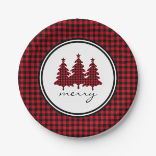 Red Buffalo Check Pine Trees Paper Plate