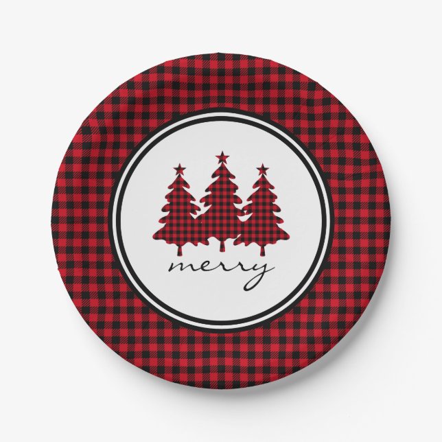 Red Buffalo Check Pine Trees Paper Plate (Front)