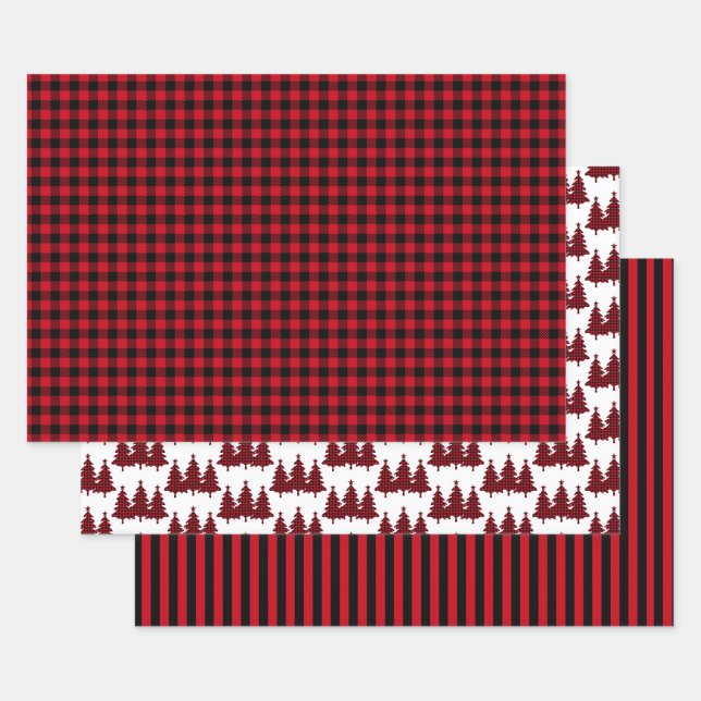 Red Buffalo Check Pine Trees Stripes Christmas Wrapping Paper Sheet (Set)