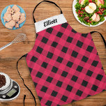 Red Buffalo Check Plaid Custom Modern Kitchen Apron<br><div class="desc">This bright and stylish apron features a red buffalo plaid design. Personalise the white panel at the top with a name, which will appear in black text. The apron brings an eye-catching splash of colour to the kitchen, and makes an ideal gift for all who enjoy cooking and baking festive...</div>