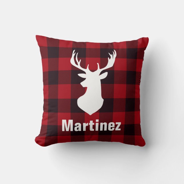 Red Buffalo Check Plaid Deer Head Personalised Cushion (Front)